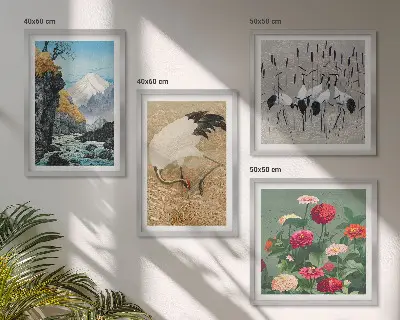 Polyptychon mit Rahmen mit Motiv Berge, Fluss, Blumen und Kraniche