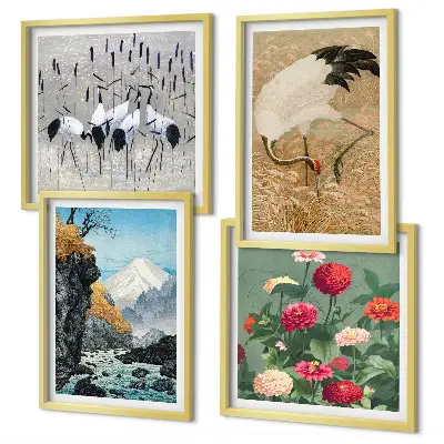 Polyptychon mit Rahmen mit Motiv Berge, Fluss, Blumen und Kraniche