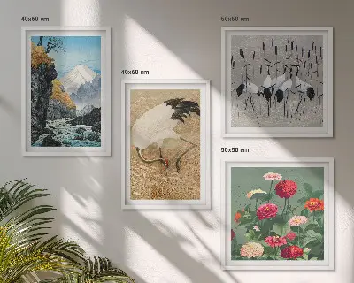 Polyptychon mit Rahmen mit Motiv Berge, Fluss, Blumen und Kraniche