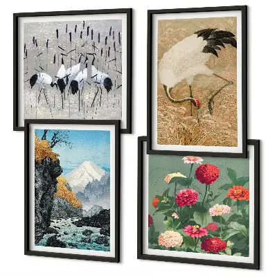 Polyptychon mit Rahmen mit Motiv Berge, Fluss, Blumen und Kraniche