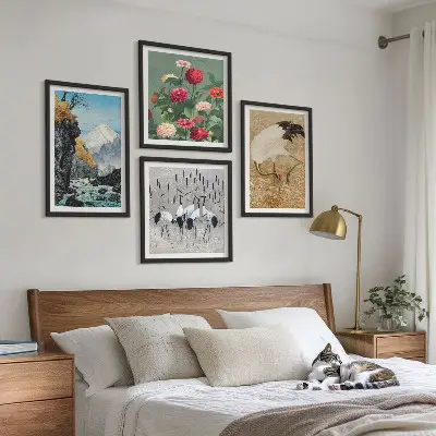 Polyptychon mit Rahmen mit Motiv Berge, Fluss, Blumen und Kraniche