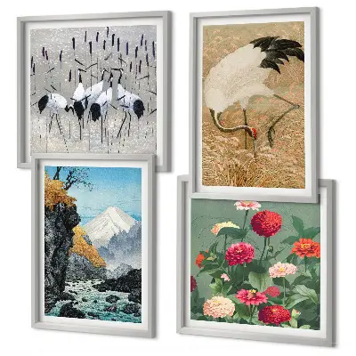 Polyptychon mit Rahmen mit Motiv Berge, Fluss, Blumen und Kraniche