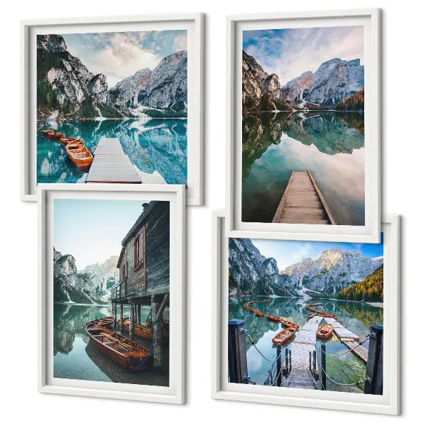 Wandbild See und Berge mit Holzbooten als fünfteiliges Polyptychon mit Rahmen