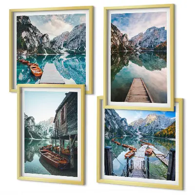 Wandbild See und Berge mit Holzbooten als fünfteiliges Polyptychon mit Rahmen