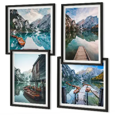 Wandbild See und Berge mit Holzbooten als fünfteiliges Polyptychon mit Rahmen