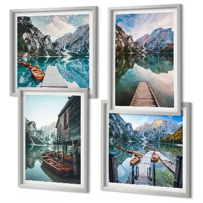 Wandbild See und Berge mit Holzbooten als fünfteiliges Polyptychon mit Rahmen