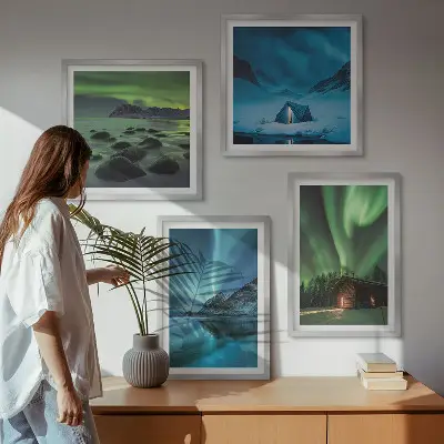 Wanddekorset Winterlandschaften mit Nordlichtern und Bergen