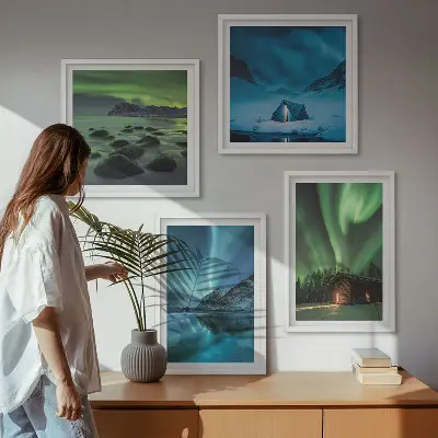 Wanddekorset Winterlandschaften mit Nordlichtern und Bergen