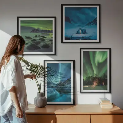 Wanddekorset Winterlandschaften mit Nordlichtern und Bergen