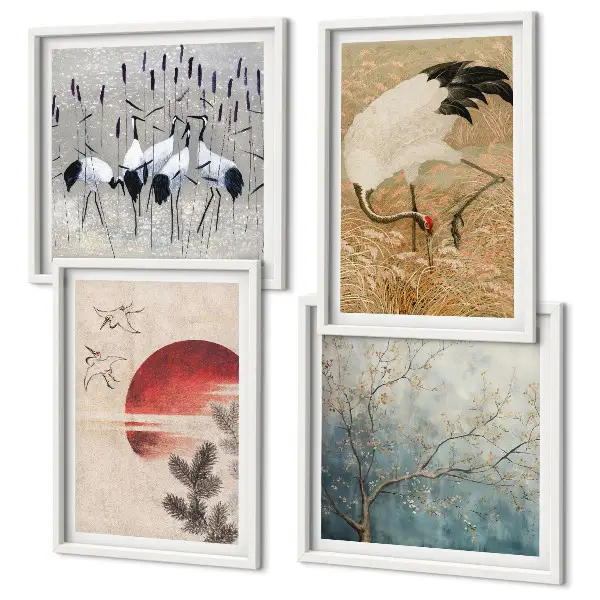 Japanische Kraniche Landschaft Polyptychon mit Rahmen
