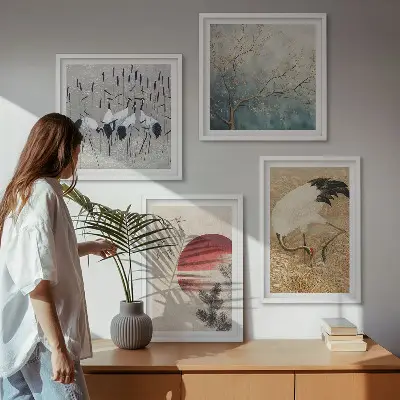 Japanische Kraniche Landschaft Polyptychon mit Rahmen