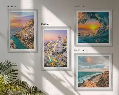 Polyptychon mit Rahmen Meereswellen und weiße Häuser auf Santorini
