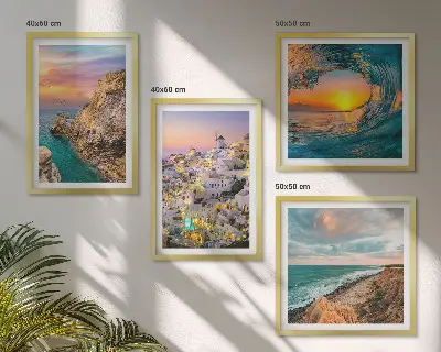 Polyptychon mit Rahmen Meereswellen und weiße Häuser auf Santorini