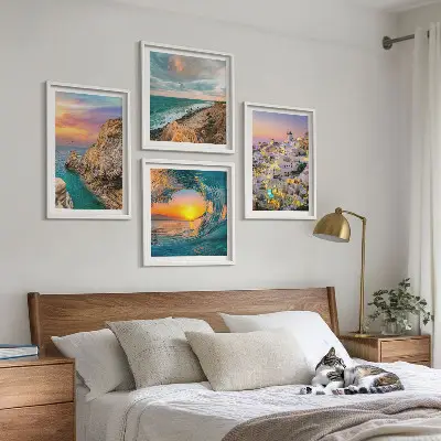 Polyptychon mit Rahmen Meereswellen und weiße Häuser auf Santorini