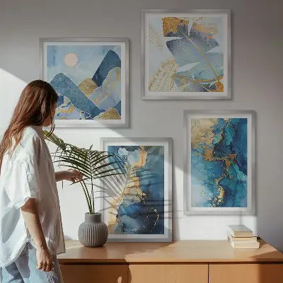 Goldmuster in den blauen Bergen mehrteiliges Wandbild mit Rahmen