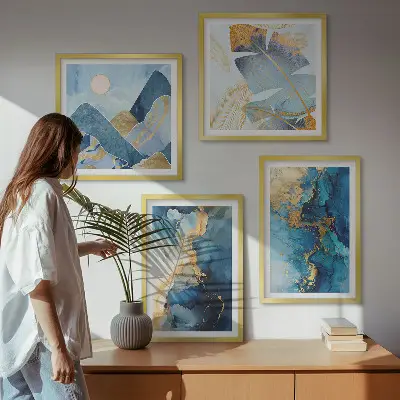 Goldmuster in den blauen Bergen mehrteiliges Wandbild mit Rahmen
