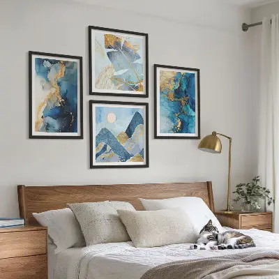 Goldmuster in den blauen Bergen mehrteiliges Wandbild mit Rahmen