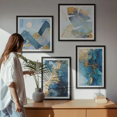 Goldmuster in den blauen Bergen mehrteiliges Wandbild mit Rahmen