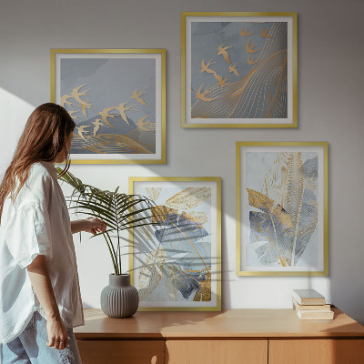 Polyptychon mit rahmen Blaubeige Blätter im Hintergrund