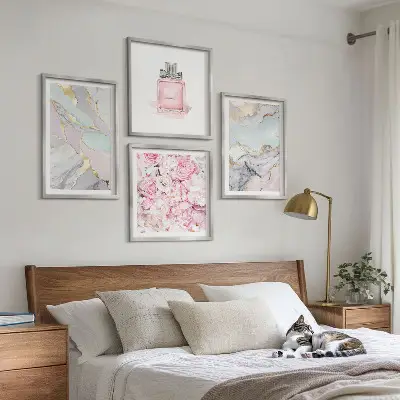 Polyptychon mit Rahmen mit Motiv Rosa Blumen in Marmor-Optik pastell