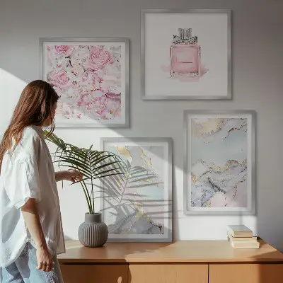 Polyptychon mit Rahmen mit Motiv Rosa Blumen in Marmor-Optik pastell
