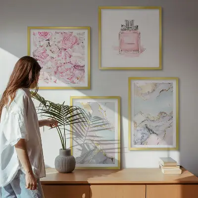 Polyptychon mit Rahmen mit Motiv Rosa Blumen in Marmor-Optik pastell