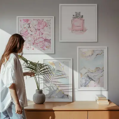 Polyptychon mit Rahmen mit Motiv Rosa Blumen in Marmor-Optik pastell