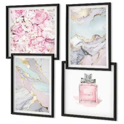 Polyptychon mit Rahmen mit Motiv Rosa Blumen in Marmor-Optik pastell