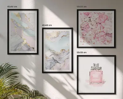 Polyptychon mit Rahmen mit Motiv Rosa Blumen in Marmor-Optik pastell