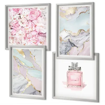 Polyptychon mit Rahmen mit Motiv Rosa Blumen in Marmor-Optik pastell