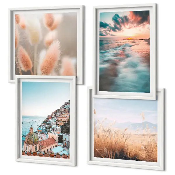 Polyptychon mit Rahmen Sonnenuntergang am Meer mit Häusern und Blumen
