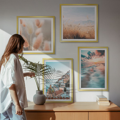 Polyptychon mit rahmen Sonnenuntergang am Meer, Häuser, Blumen