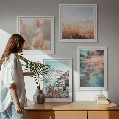 Polyptychon mit Rahmen Sonnenuntergang am Meer mit Häusern und Blumen