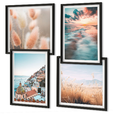 Polyptychon mit rahmen Sonnenuntergang am Meer, Häuser, Blumen