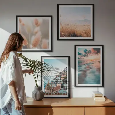 Polyptychon mit Rahmen Sonnenuntergang am Meer mit Häusern und Blumen