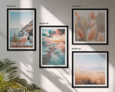 Polyptychon mit rahmen Sonnenuntergang am Meer, Häuser, Blumen