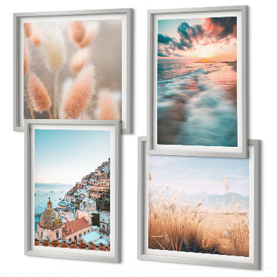 Polyptychon mit rahmen Sonnenuntergang am Meer, Häuser, Blumen
