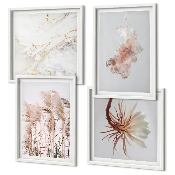 Wanddeko-Set mit eleganten Gräsern, Blumen und Marmor-Motiven
