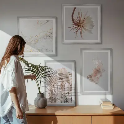 Wanddeko-Set mit eleganten Gräsern, Blumen und Marmor-Motiven
