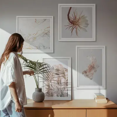 Wanddeko-Set mit eleganten Gräsern, Blumen und Marmor-Motiven