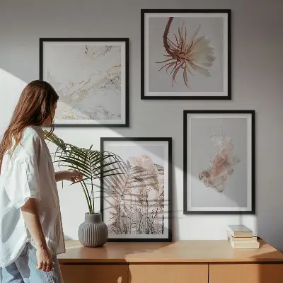 Wanddeko-Set mit eleganten Gräsern, Blumen und Marmor-Motiven