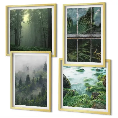 Polyptychon mit Rahmen Waldnebel Fluss und Gewächshauspflanzen