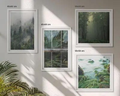 Polyptychon mit Rahmen Waldnebel Fluss und Gewächshauspflanzen