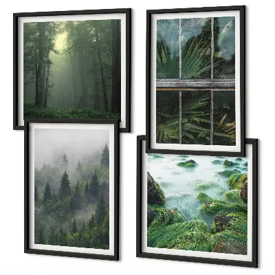 Polyptychon mit Rahmen Waldnebel Fluss und Gewächshauspflanzen