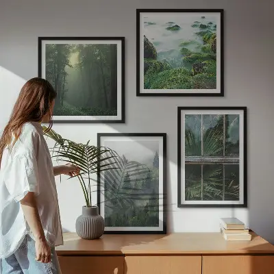 Polyptychon mit Rahmen Waldnebel Fluss und Gewächshauspflanzen