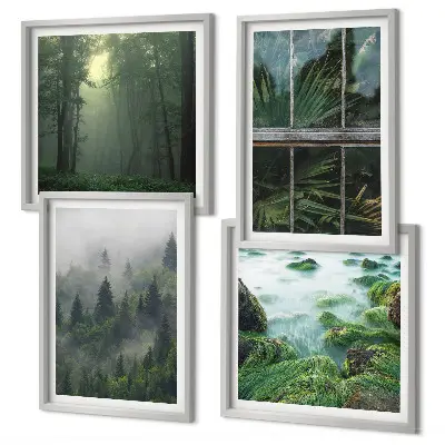 Polyptychon mit Rahmen Waldnebel Fluss und Gewächshauspflanzen