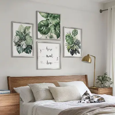 Aquarell mit grünen tropischen Blättern als gerahmtes Polyptychon
