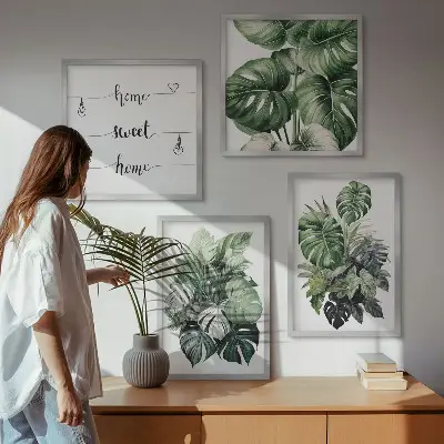 Aquarell mit grünen tropischen Blättern als gerahmtes Polyptychon