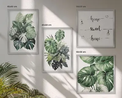 Aquarell mit grünen tropischen Blättern als gerahmtes Polyptychon