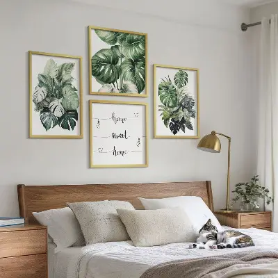 Aquarell mit grünen tropischen Blättern als gerahmtes Polyptychon